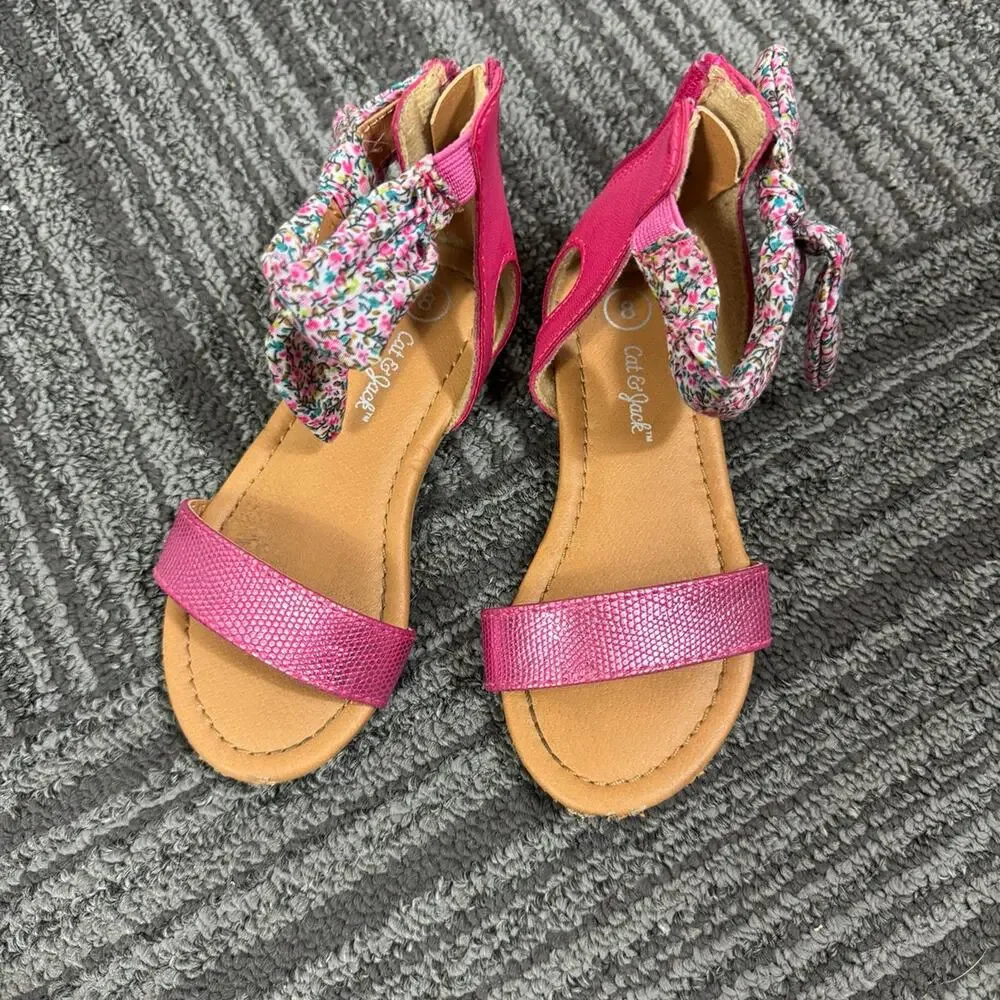 Cat & Jack Girls Pink Floral Bow Ankle Strap Sandals Back Zip Size 8